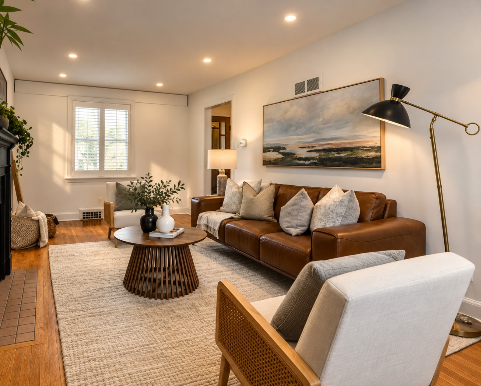 After: living room styled with artwork, soft neutral accents, and layered furnishings