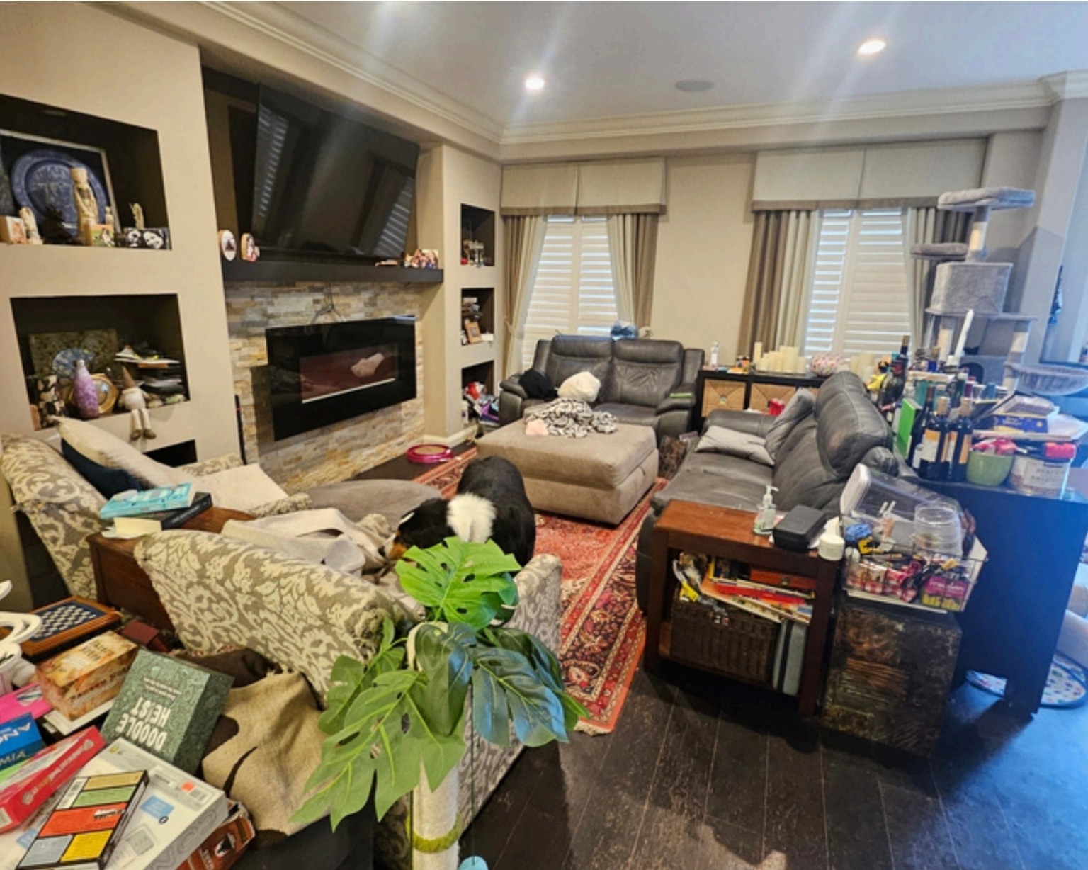 Before: crowded living room with dark seating, clutter, and a cat tree