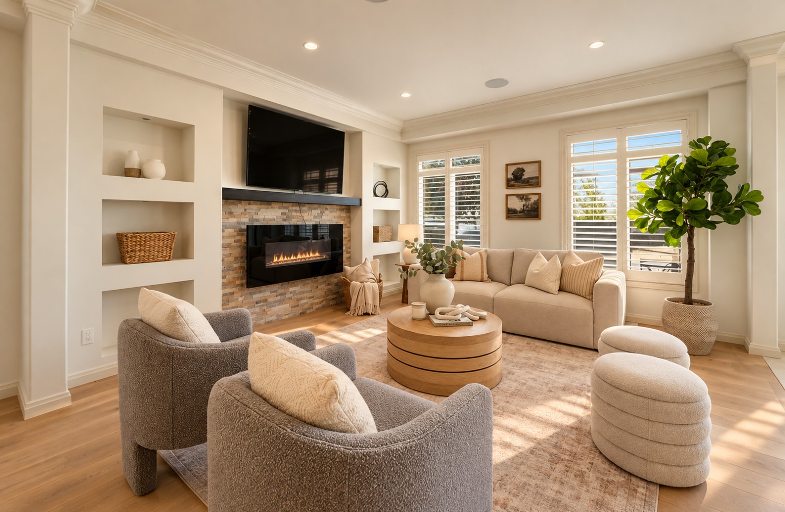 After: bright living room with neutral furnishings, a black fireplace surround, and warm wood accents