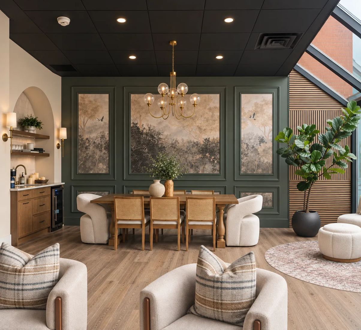 Eleganterior showroom-inspired dining display with striking dark green wall and chandelier