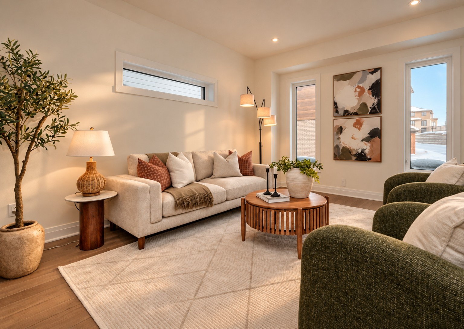 Warm neutral living room with a cream sofa, olive tree, and sculptural wood coffee table