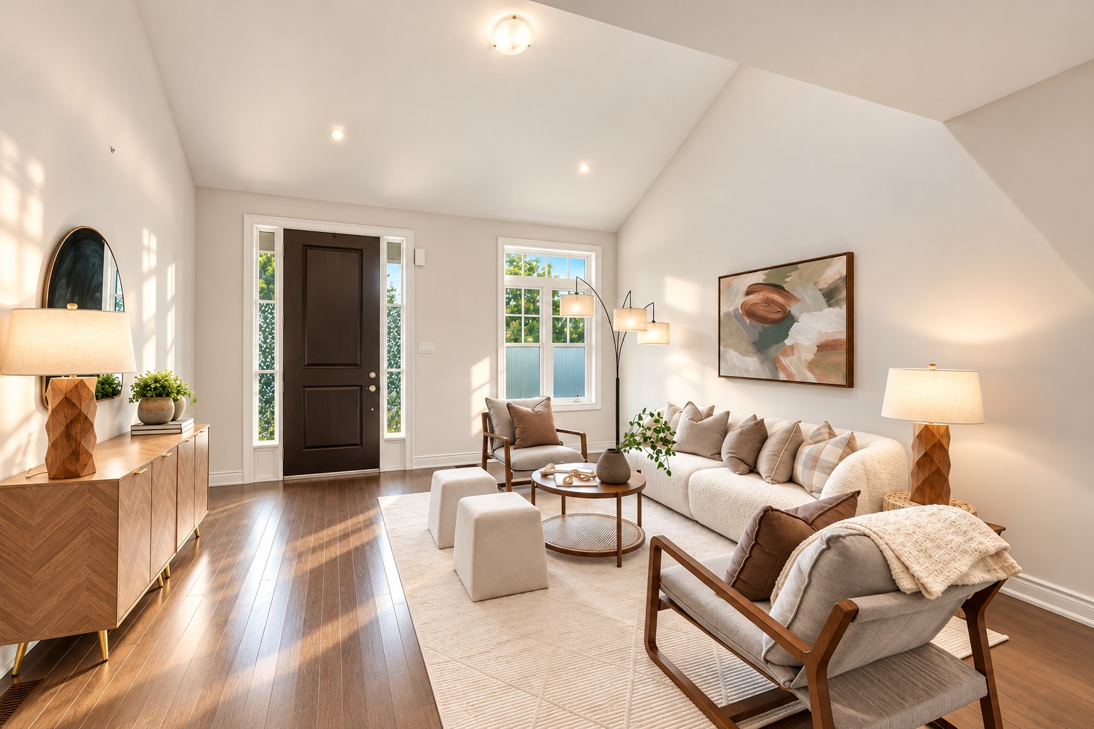 Bright staged living room with a vaulted ceiling, warm wood accents, and soft neutral furnishings